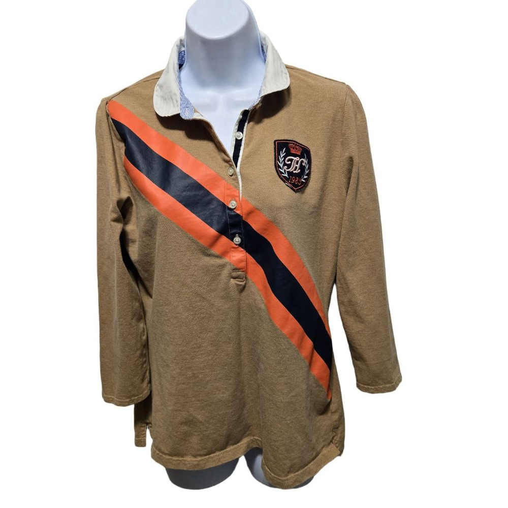 Women's Tommy Hilfiger L Long Sleeve Tee Beige Orange Black Striped